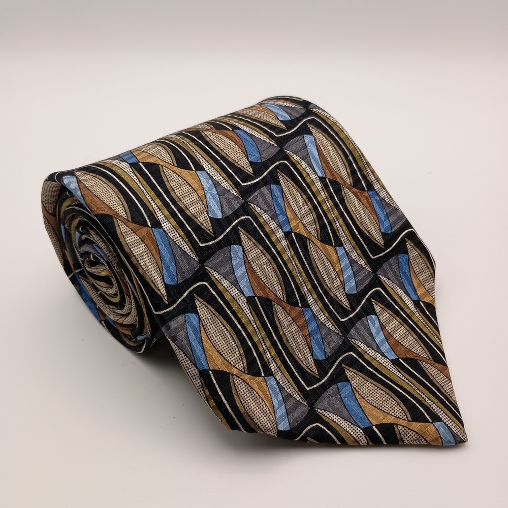Zylos 3.75" Mens Black Blue Tan Geometric Abstract Silk Necktie